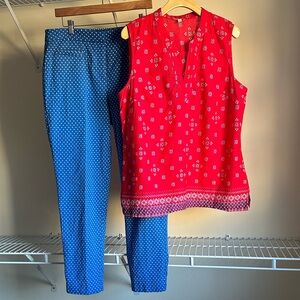 Talbots Summer Outfit Set Blue Polka Dot Pants & Red Sleeveless Blouse 10/L